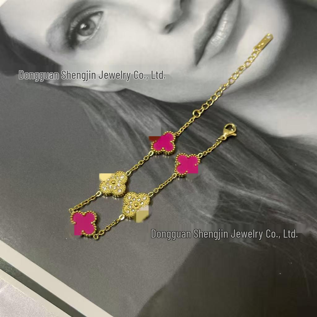 18k Gold 13mm Clover & Diamond Five-Flower Bracelet - Women's Simple, Versatile, Non-Fading Fashion Accessory