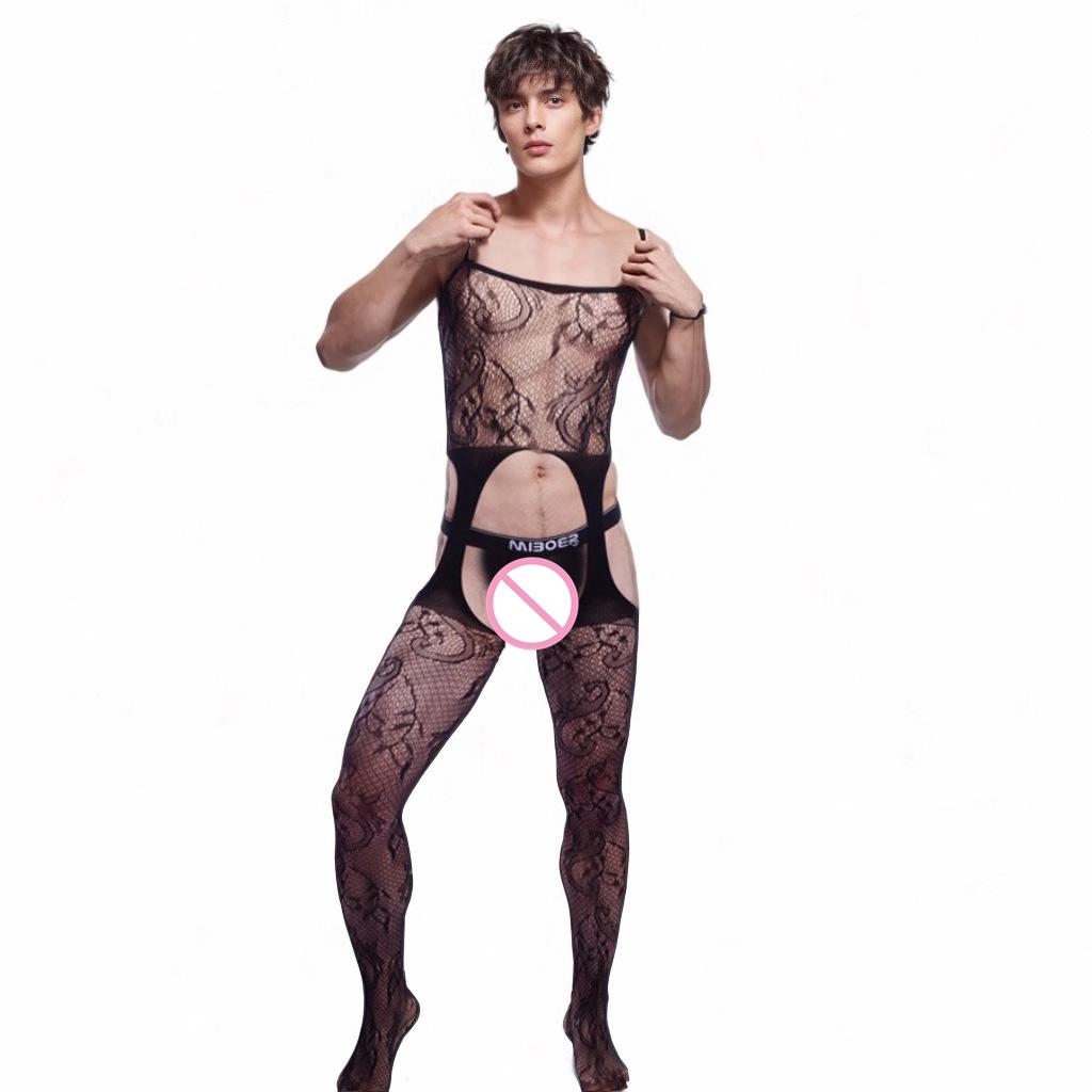 Tuta Pantacollant Rete Pizzo Uomo Sexy Pezzo Unico Bretelle Body Calze a Rete Cavallo Aperto Trasparente Crossdress Lingerie Body