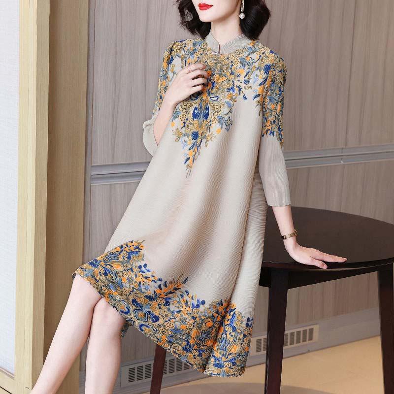 Loose Large Size Stand-up Collar Improved Cheongsam Spring Retro Elegant Mid-length Dress