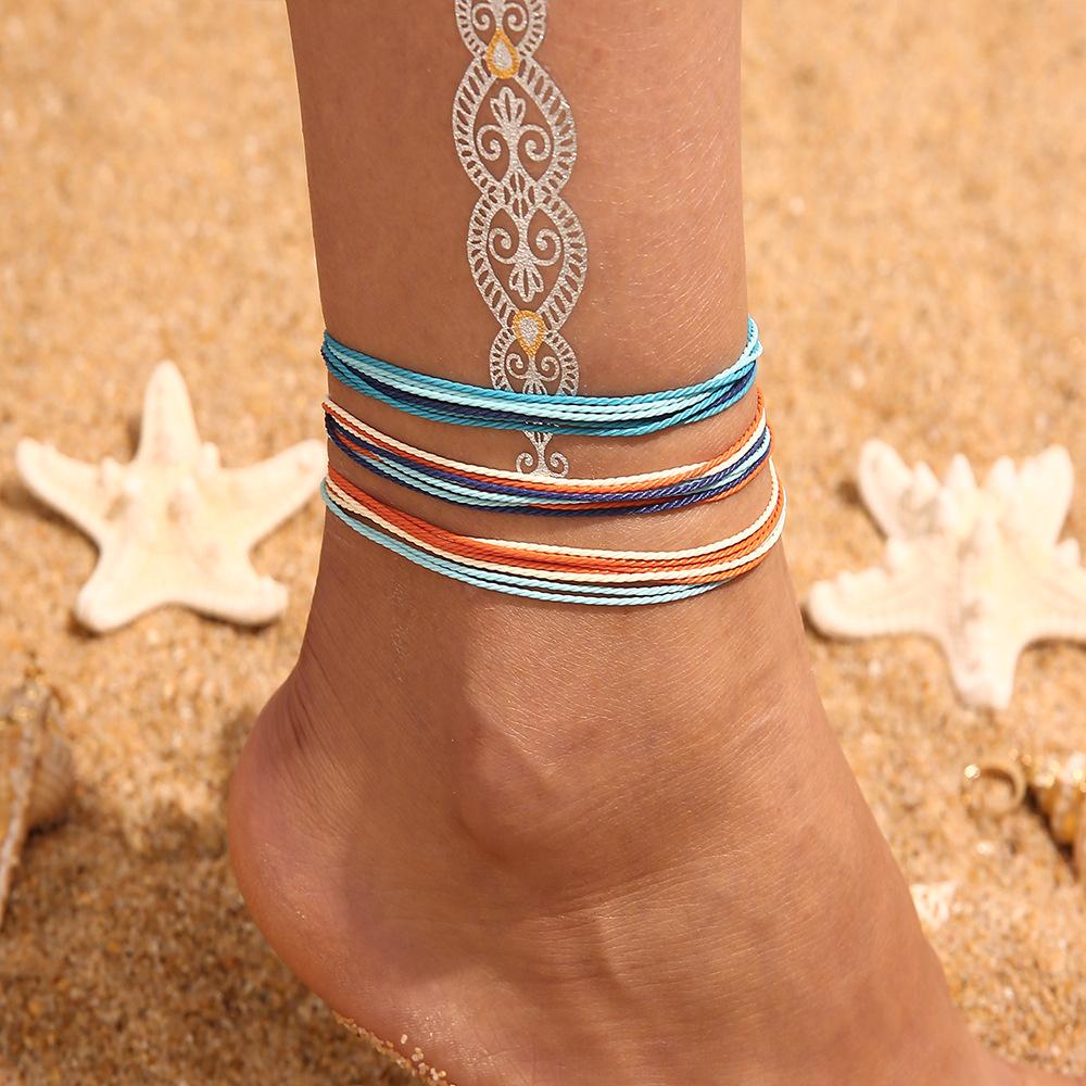 Bohemian Retro Wax Rope Mixed Color Woven Turquoise Sunflower Handmade String Mixed Color Rice Bead Multi-Layer Anklet