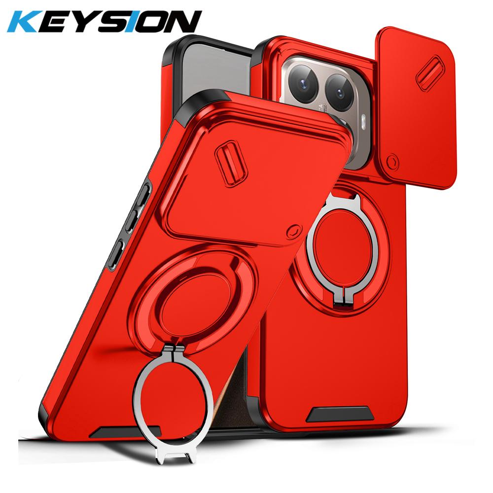 KEYSION 360° Rotating Ring Stand Phone Case for Xiaomi 15T 15T Pro Silicone+PC Slide Camera Protection Magnetic Shockproof Cover