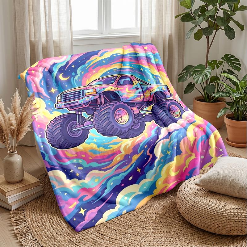 

Colorful Monster Trucks Design blanket Personalized Name Flannel Blanket Soft Cozy Plush Throw for Sofa Bed Lightweight Home Decor 75x90cm