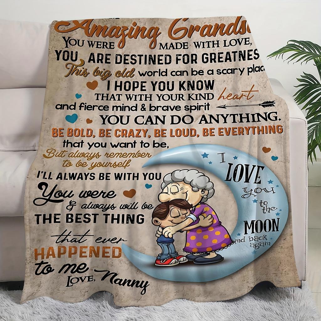 1pc Flannel Bed Blanket, A Letter To My Grandson Pattern Creative Blanket For All Seasons, Warm Cozy Soft Bed Blanket