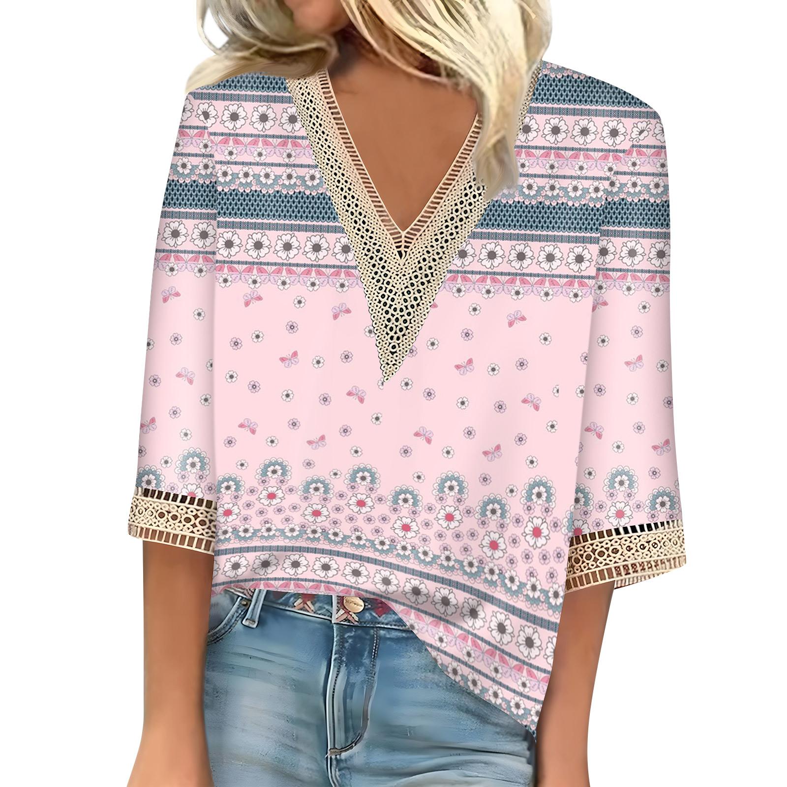 

Женская рубашка-блузка Повседневные свободные рубашки с рукавами 3/4 и кружевной отделкой Топы с v-образным вырезом и принтом Топы с принтом Футболки Футболки M