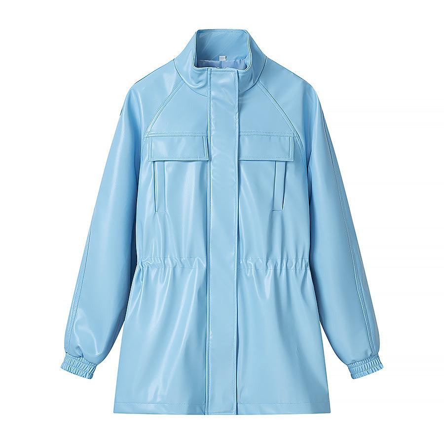 European and American Style, New Women's Clothing, Fashionable, Casual, Versatile Stand-up Collar Drawstring Waist Leather Jacket