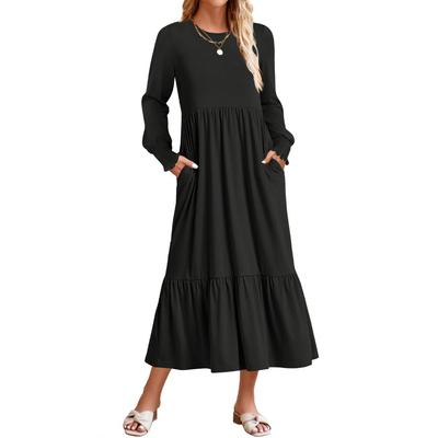 Langärmeliges gesmoktes modisches Freizeitkleid mit weitem Rock