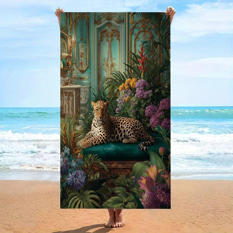 

Leopard Themed Botanical Jungle Print Beach Towel, Soft Microfiber Unisex for Swimming Travel Camping W40*H60(CM)