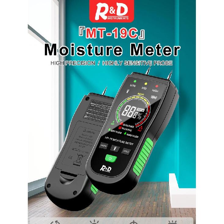 R&D MT19C Wood Moisture Meter Wall Water Tester Digital Humidity Meter Two Pins Hygrometer Concrete Cement Brick Detector