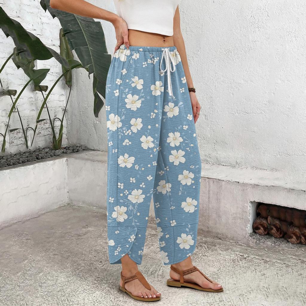 Women's Casual Straight Wide Leg Button Print Pattern Pants for Everyday Wear