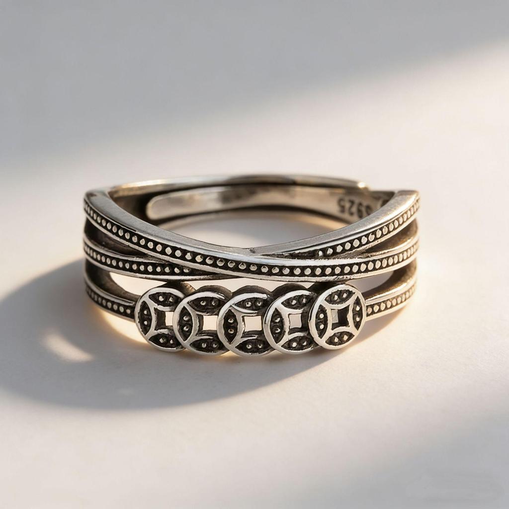 Ethnic Silver S925 Women's Ring: Retro Chinese Style with Wealth-Attracting Five Emperors Coins