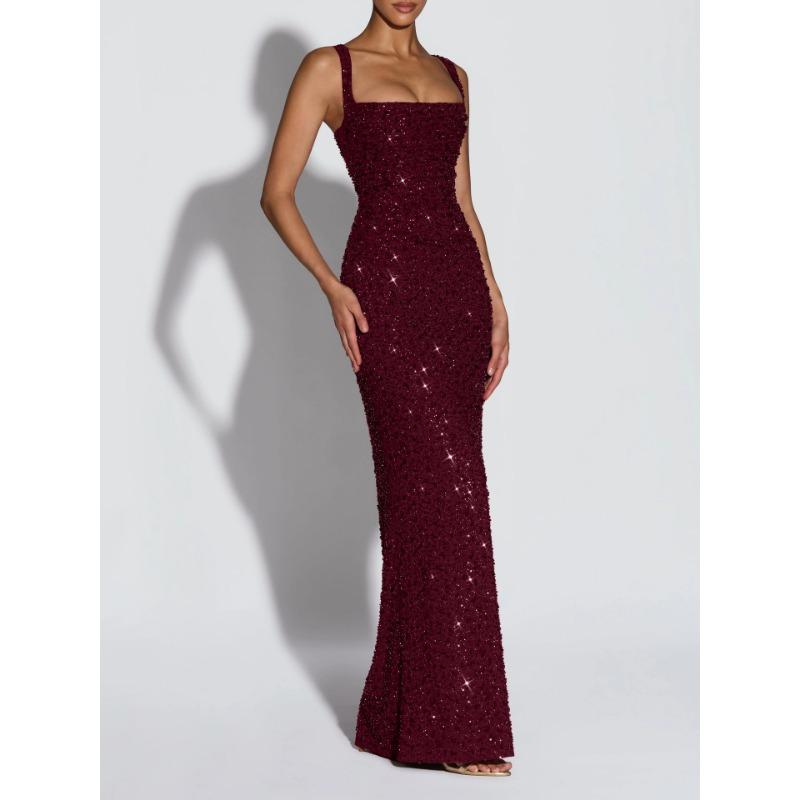 Women Sexy Sequin Slim Fit Spaghetti Strap Long Elegant Formal Party Dress