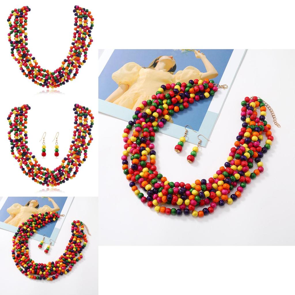 Africaninspired Wooden Bead Necklace And Earrings With Tassel For Summer Outings