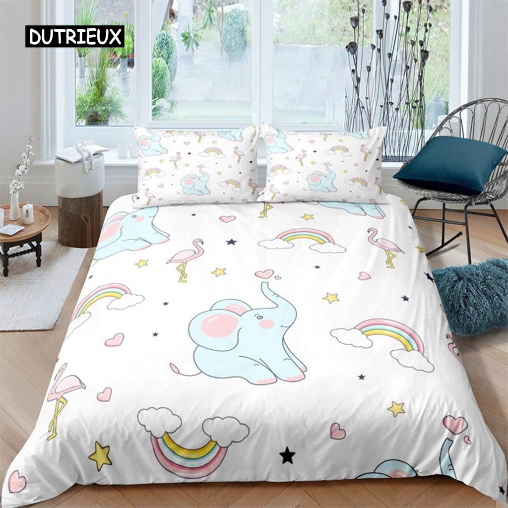 Cute Elephant Duvet Cover Set 2/3 Piece Cartoon Animal Bedding Set 3D Floral Comforter Cover Twin Full King For Boys Girls Gift
