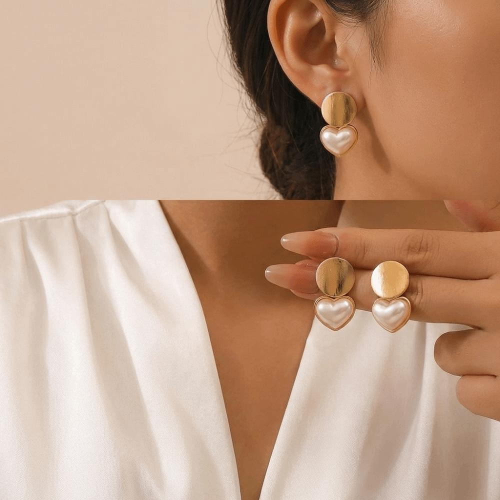 Elegant Imitation Pearl Earrings Gold Color Earrings Necklace Set Heart Shaped Jewelry Set Evening