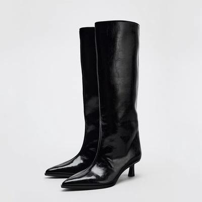Jesień Zima Street Style Cienkie Niskie Obcasy Damskie Kozaki do Kolana Seksowny Szpiczasty Nosek Buty Codzienne na Imprezę Długie Botas Mujer