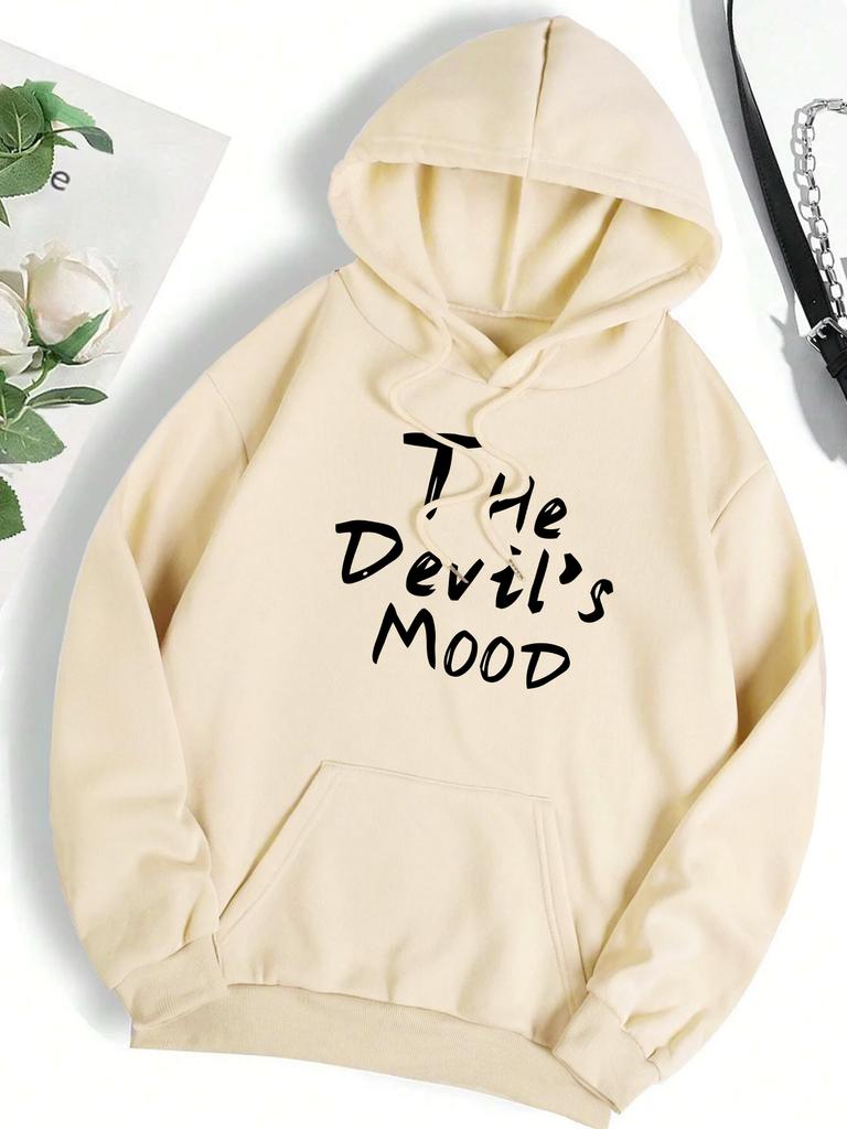 The Devil'S Mood Art Letter Print Women Hoody Vintage Pocket Hoodie Loose Y2K Fleece Clothing Soft Multicolor Streetwear