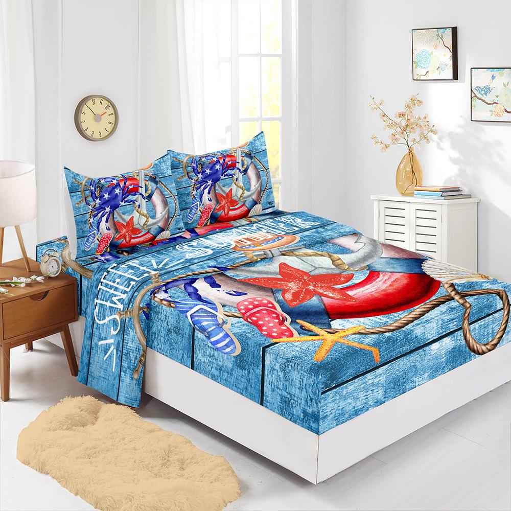 

Four-Piece Mattress Sheet Digital Printing Mattress Protective Cover Bedding Anchor Sea (90cm * 190cm * 40cm) Pillowcase * 1