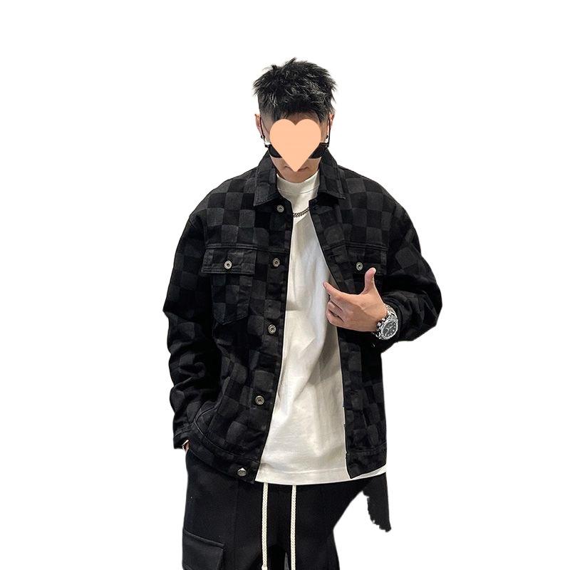Spring and Autumn Checkerboard Denim Jacket Men's Retro Versatile Casual Jacket Loose Lapel Trendy Men's Handsome Top