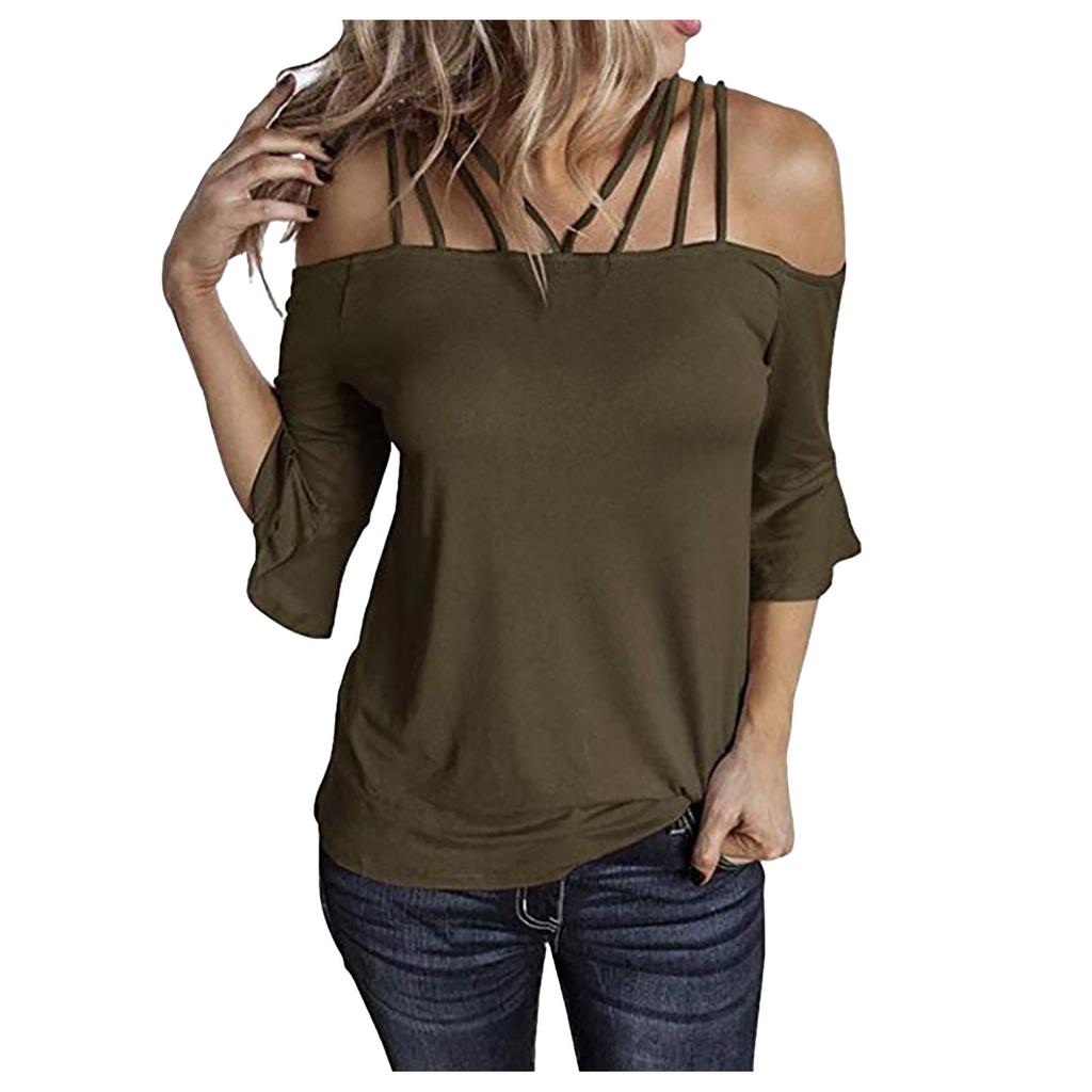 Women Fashion Plus Size Flare Sleeve Off Shoulder T-shirt Solid Color Top
