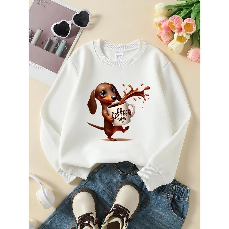 Girls' Crewneck Sweatshirt - Coffee Time Dachshund Splash Art Machine Washable, Spring And Autumn, Sportswear And Casual Wear