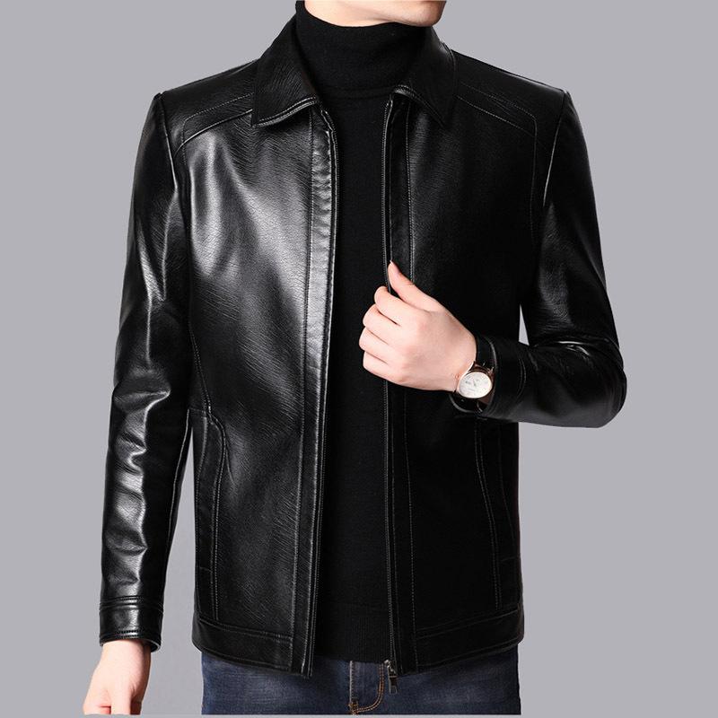 Leather leather jacket men's middle-aged spring and autumn Haining leather jacket men's velvet thick sheep jacket in the elderly