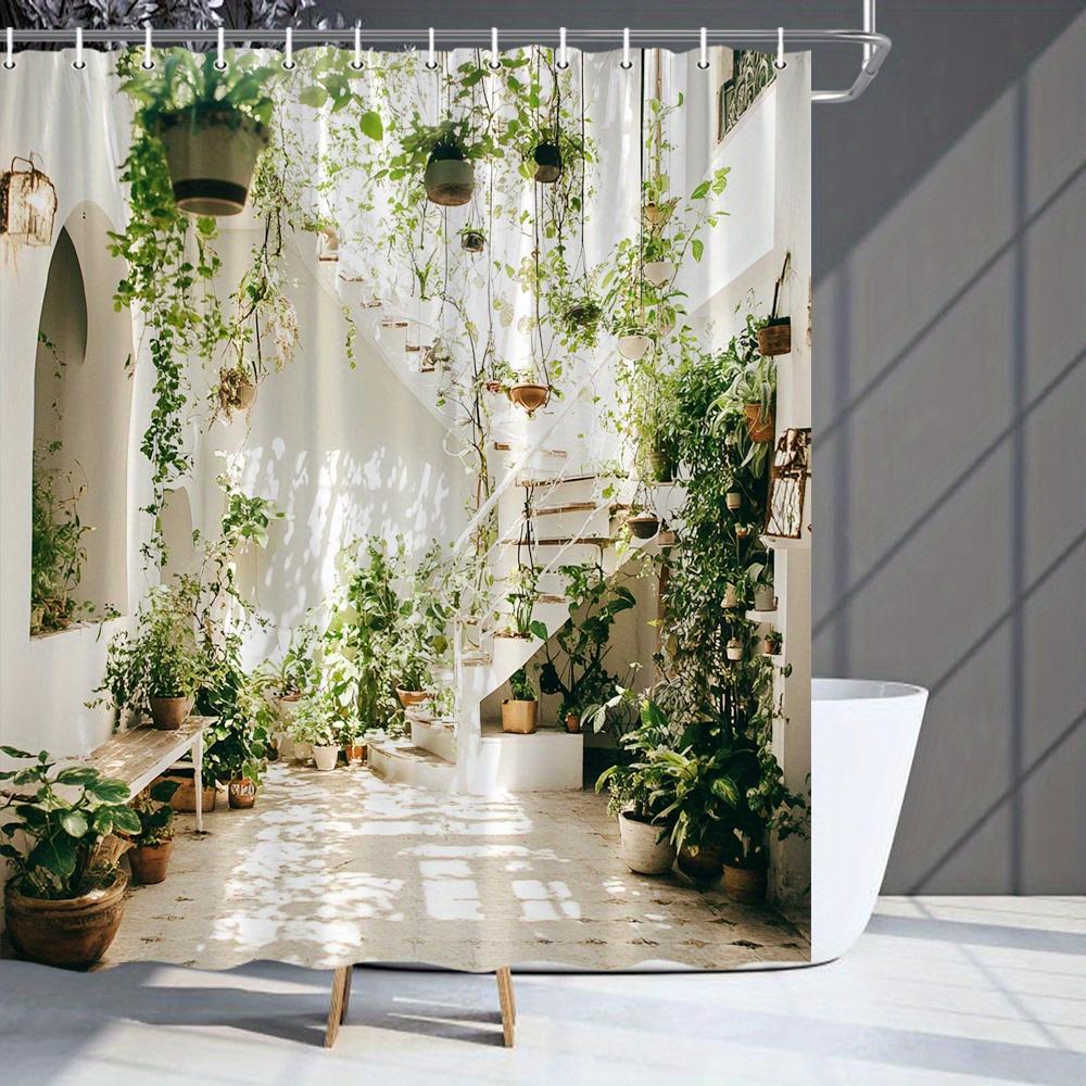 1Pc Shower Curtain - Indoor Garden With Hanging Plants And Staircase Design For A Natural Bathroom Waterproof