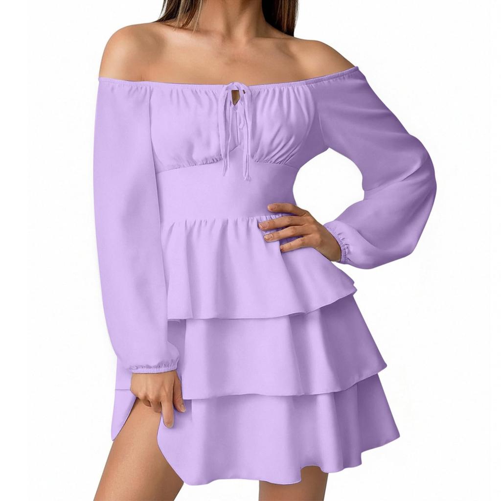 Women's Fashion Off-Shoulder Tie-Detail Pleated Long-Sleeve Fitted -Color Short Dress