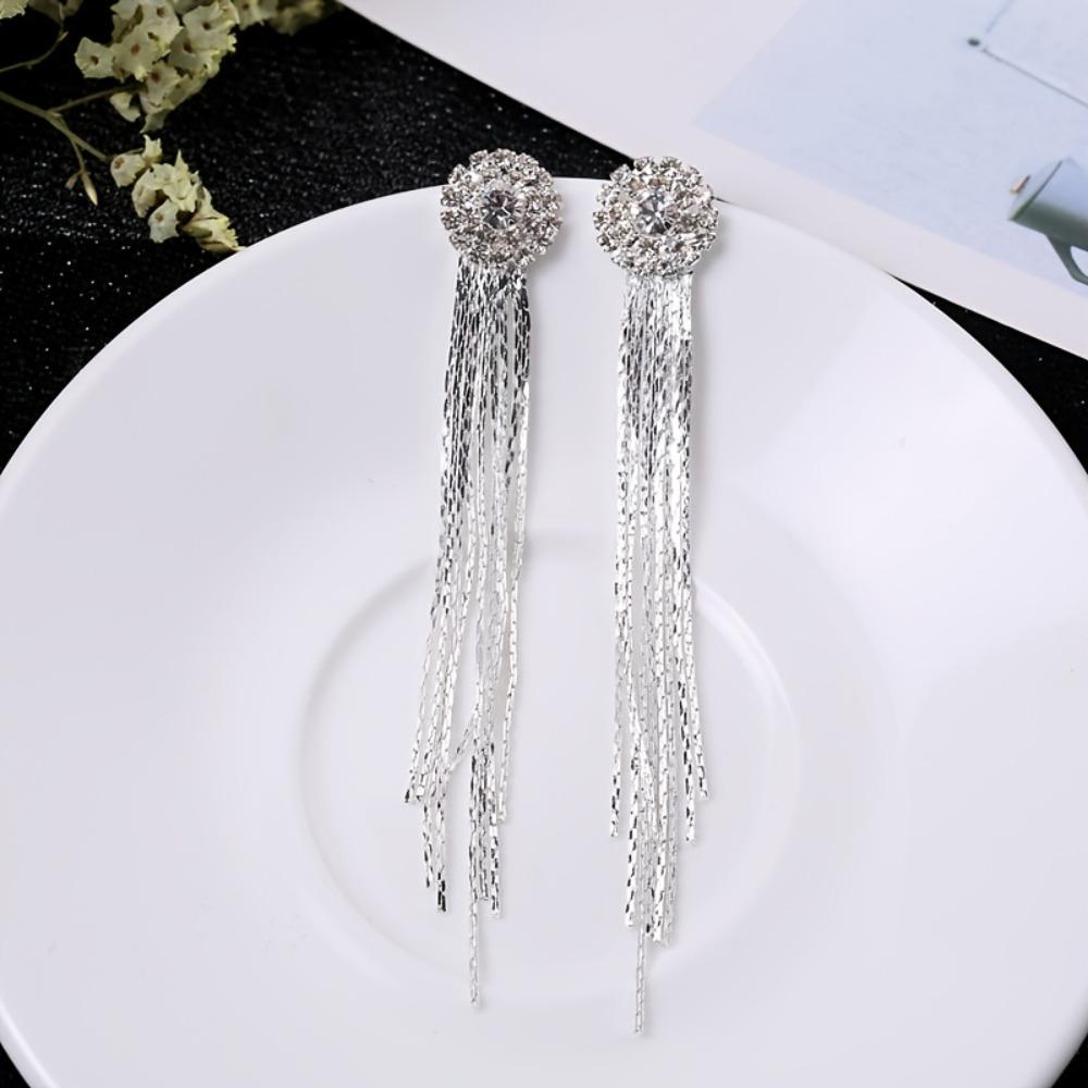 1Pair of Long Fringed Earrings, Korean Version of Fashion Temperament Exaggerated Diamond-set Round Earrings
