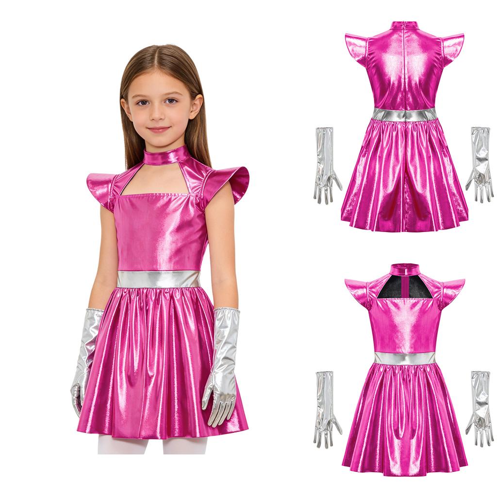 Kinderen Meisjes Buitenaards Cosplay Kostuum Uitgesneden Vliegende Mouw Metallic A-lijn Jurk met Handschoenen voor Halloween Robot Buitenruimte Feest