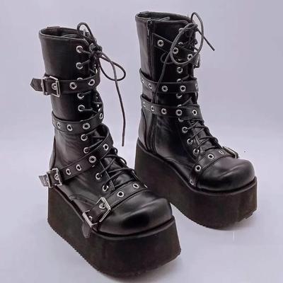 Fashion Plus Size 43 Autumn Women Boots Buckle Round Toe Wedges Platform Boots Punk Goth INS Women Street Shoes Combat Boots for Women