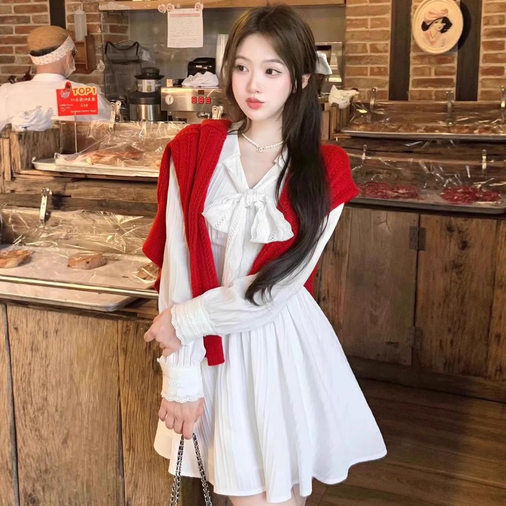 French Sweet Gentle Wind Bow Lace-Up Lapel Long Sleeve Waist Dress Women's Spring Temperament White Skirt