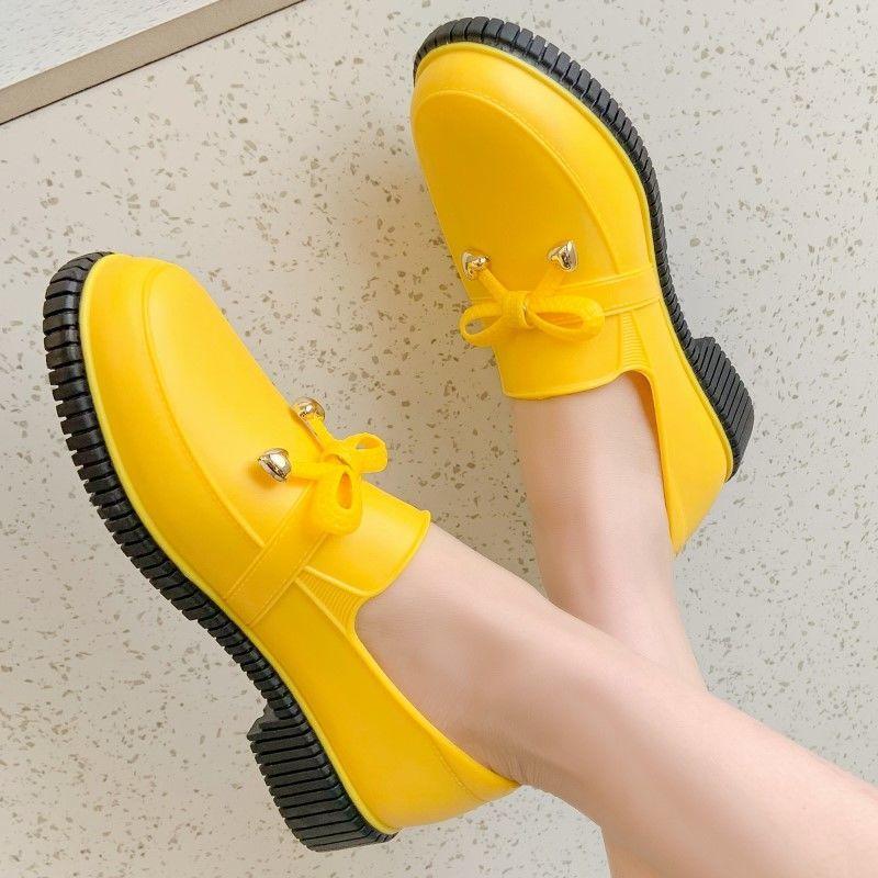 Fashion Stylish Bowknot Rain Shoes Women's Comfy Low Heels Rainshoes Woman Soft Kitchen Galoshes Lady Anti-skid Slip On Waterproof Shoes