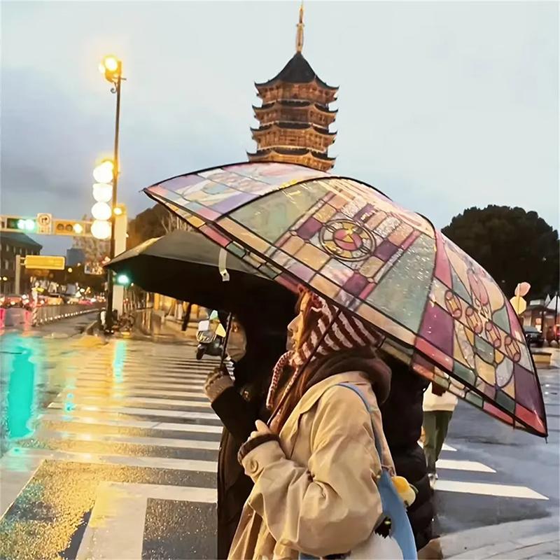 Automatic Church Retro Transparent Large Umbrella Stained Glass Transparent Umbrella Romantic Sunny Dual Use Of Rain And Light