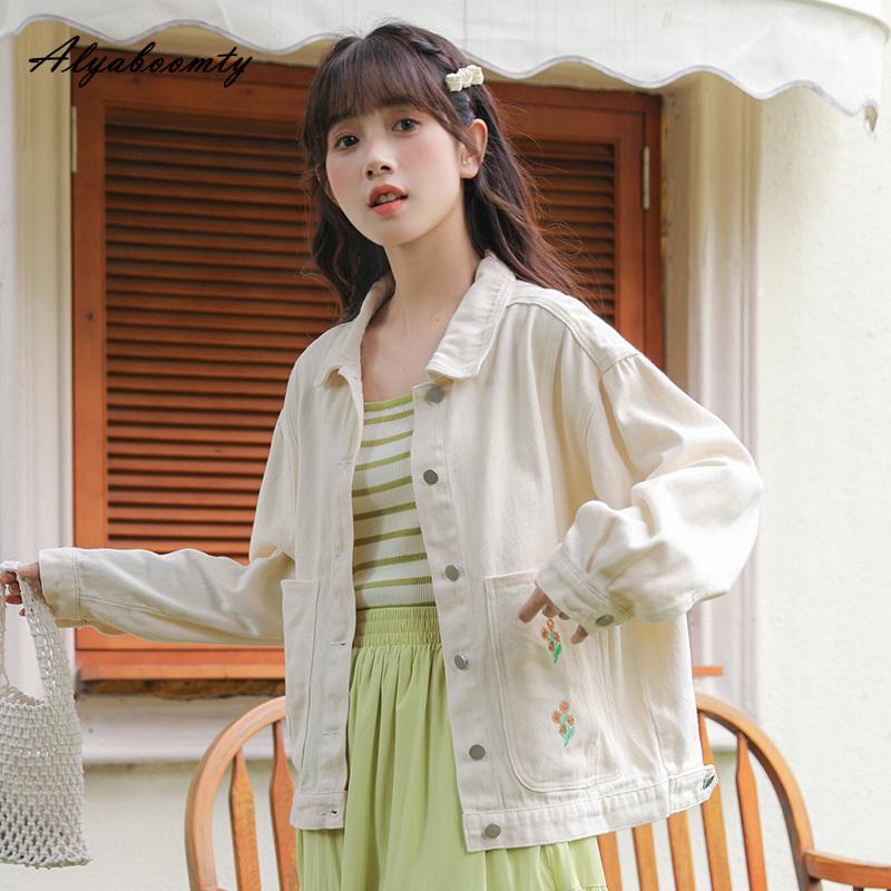Japanese Style Spring Autumn Women Oversized Coat Turn-Down Collar Baggy Beige Denim Jacket Floral Embroidery Big Pocket Ladies' Outerwear