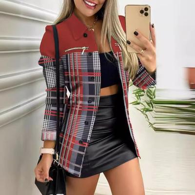 Herbst und Winter Damen Langarm Reißverschluss Colorblocking Bedruckte Reversjacke