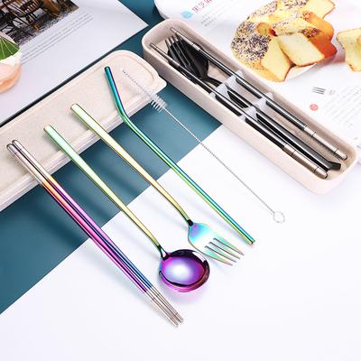 5Pcs Dinnerware Travel Camping Flatware Cutlery Set Fork Spoon Chopsticks Straw With Portable Case Stainless Steel Tableware Set
