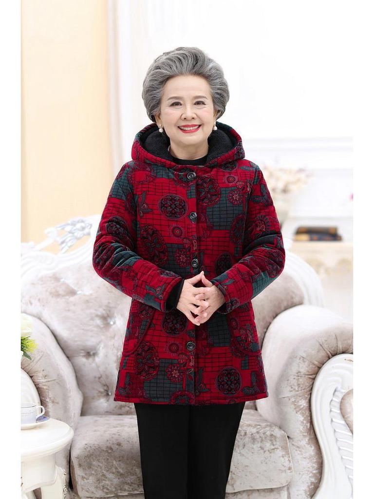 Grandma's Velvet-Lined Corduroy Hooded Winter Coat for Elderly Women