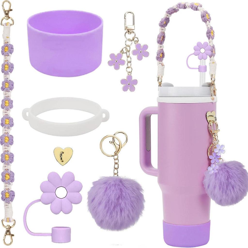 Stanley Water Bottle Accessory Set: Floral Straw Cap with Hand-Woven Rope & Silicone Sleeve for IceFlow Cup