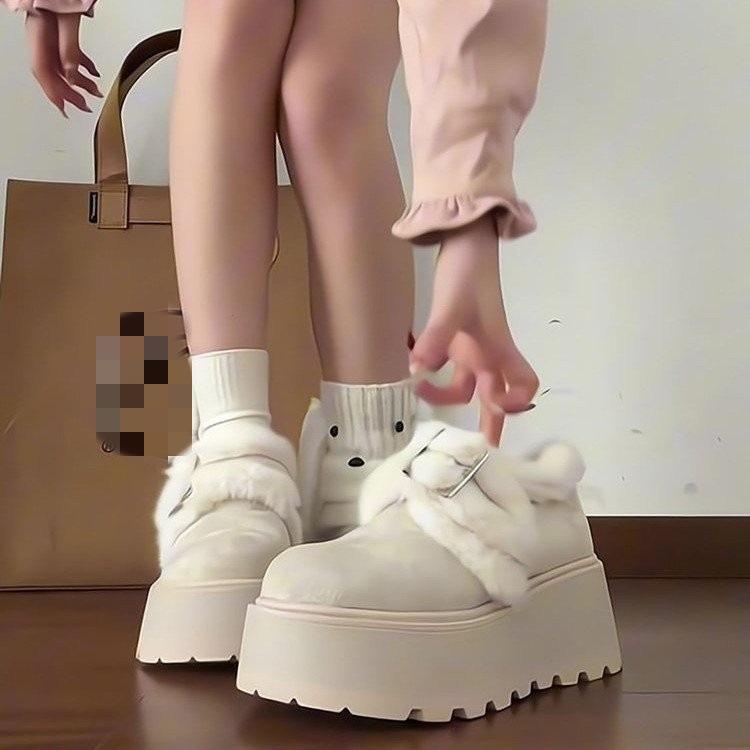 White Muffin Platform Snow Boots Winter New Small Height Increase Velvet Warm Birkenstock Cotton Shoes
