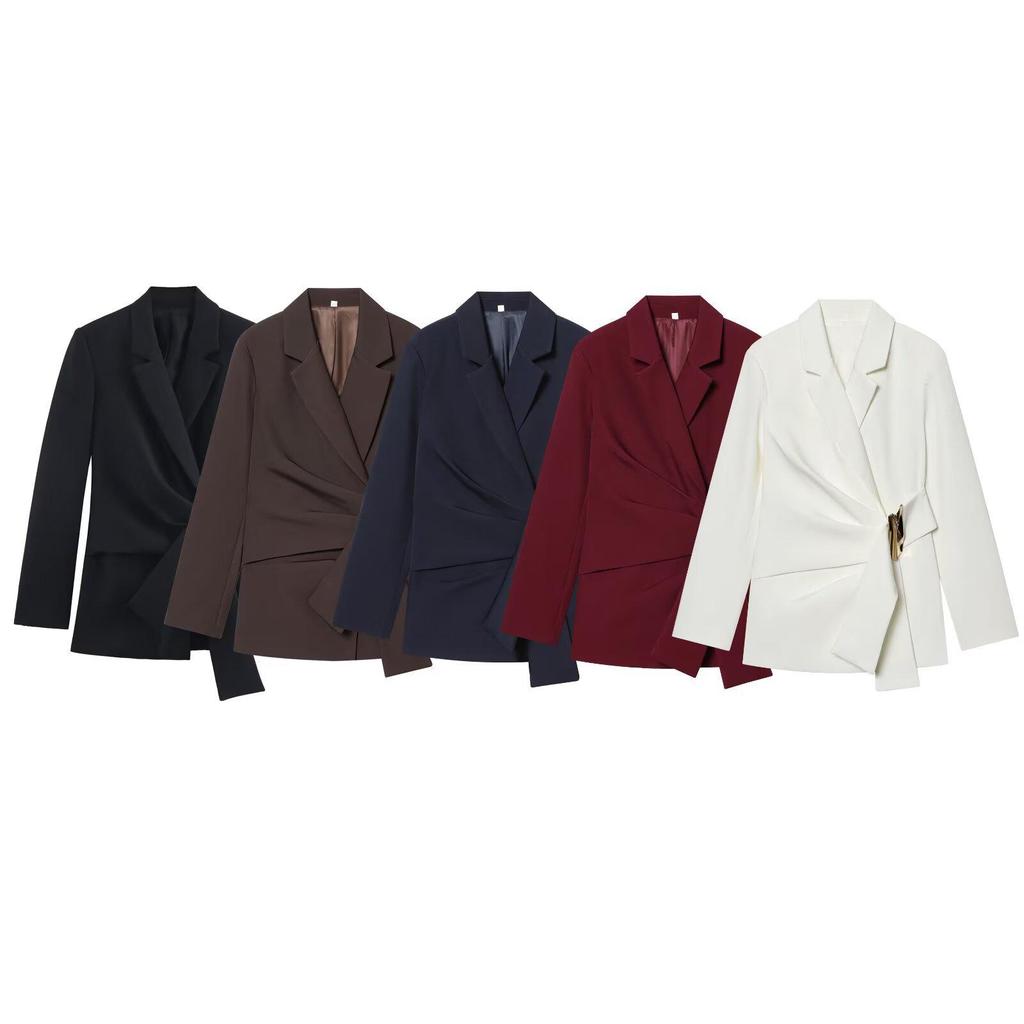 European American Style Fashion Suit: Buckle Decor Jacket & Straight-Leg Pants Two-Piece Slim Fit Set for Women