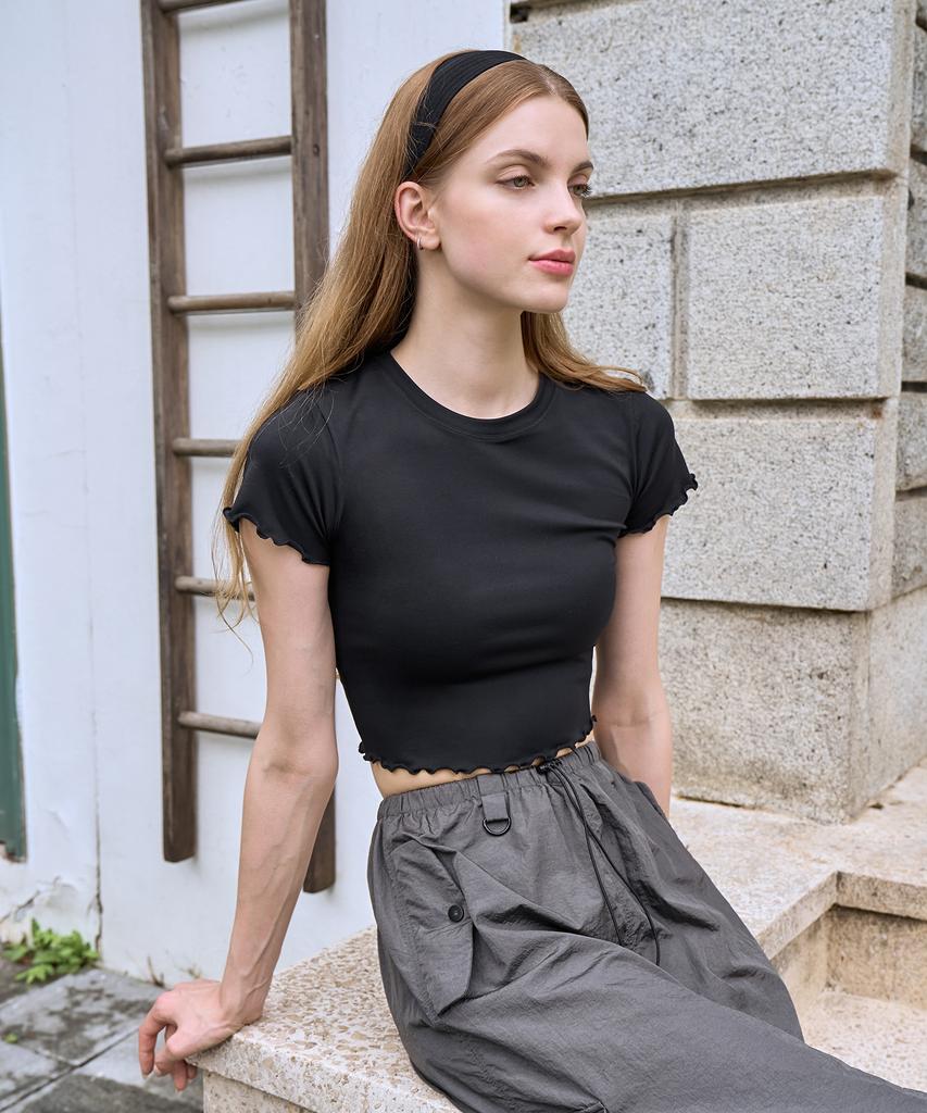 NOKJOK Wave Crop Short Sleeve T-Shirt Running Yoga Wear Pilates Wear