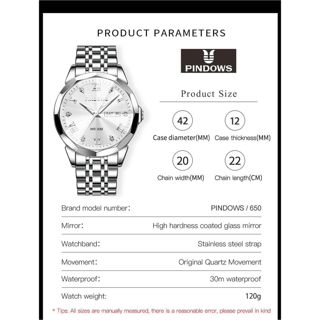 PINDOWS Men's Analog Quartz Watch with Day and Date Display, Stainless Steel Band, Water Resistant for Daily Use