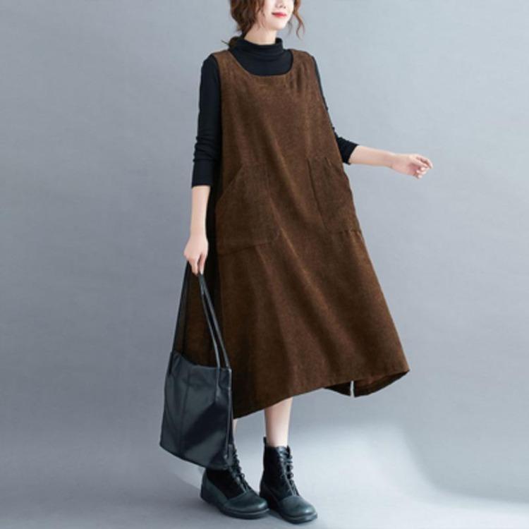 Plus Size Women Corduroy Sleeveless Long Dress Casual Loose Large Lady Dress