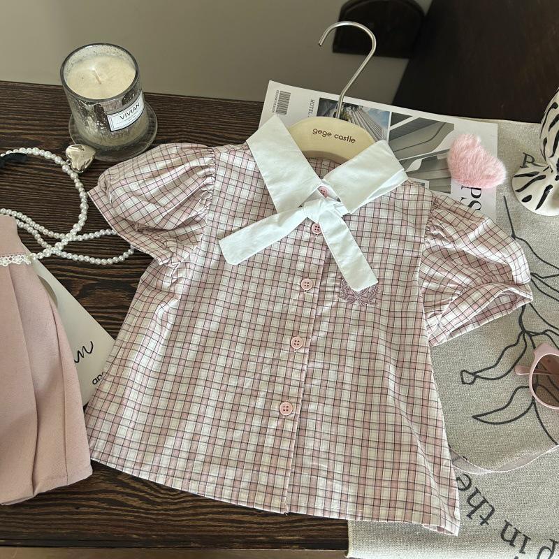 2025 Girls' Korean Academy Style Plaid Shirt & Pink Pleated Skort Set