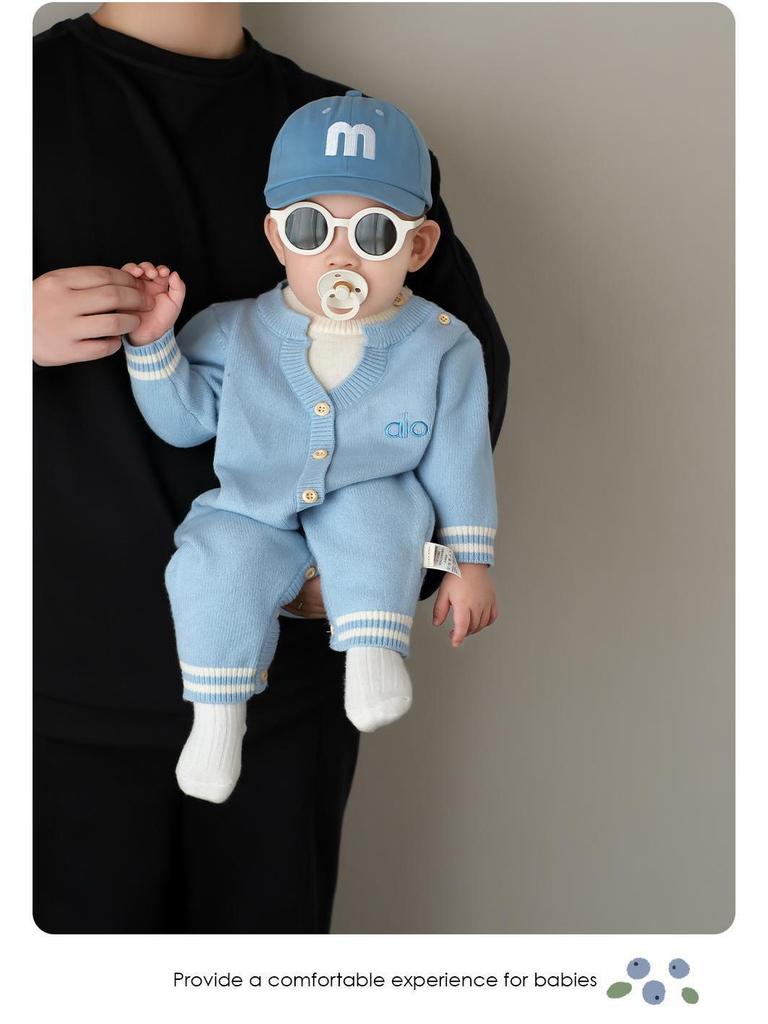 Infant Knit Romper with Blue Letter Embroidery - Autumn/Winter Two-Piece Design