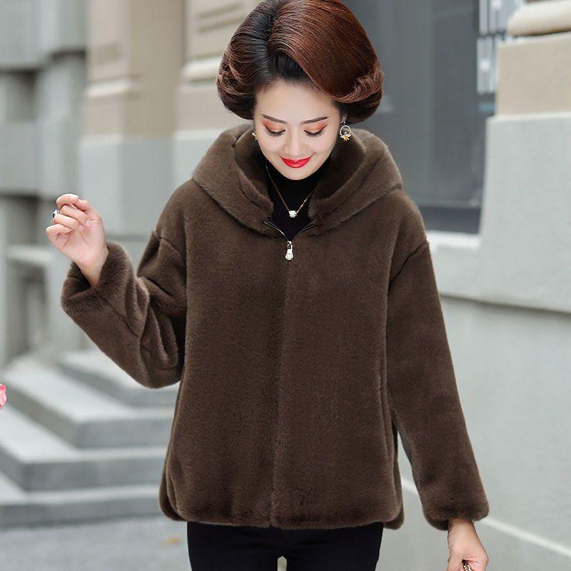 Autumn and Winter New Imitation Mink Velvet Fur Coat Women's Wide Too Hooded Medium and Old Imitation Mink Coat Cotton Coat Large Size