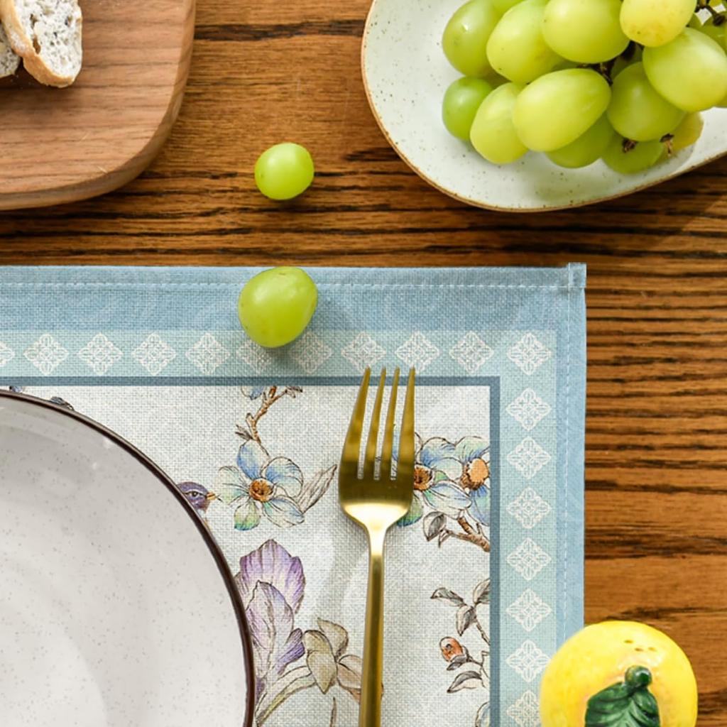 Set di 4 Sottopiatti Uccelli Blu Fiori in Fiore, 30x45 cm Tappetini da Tavola per Runner da Tavola Festa Cucina Sala da Pranzo Decorazione