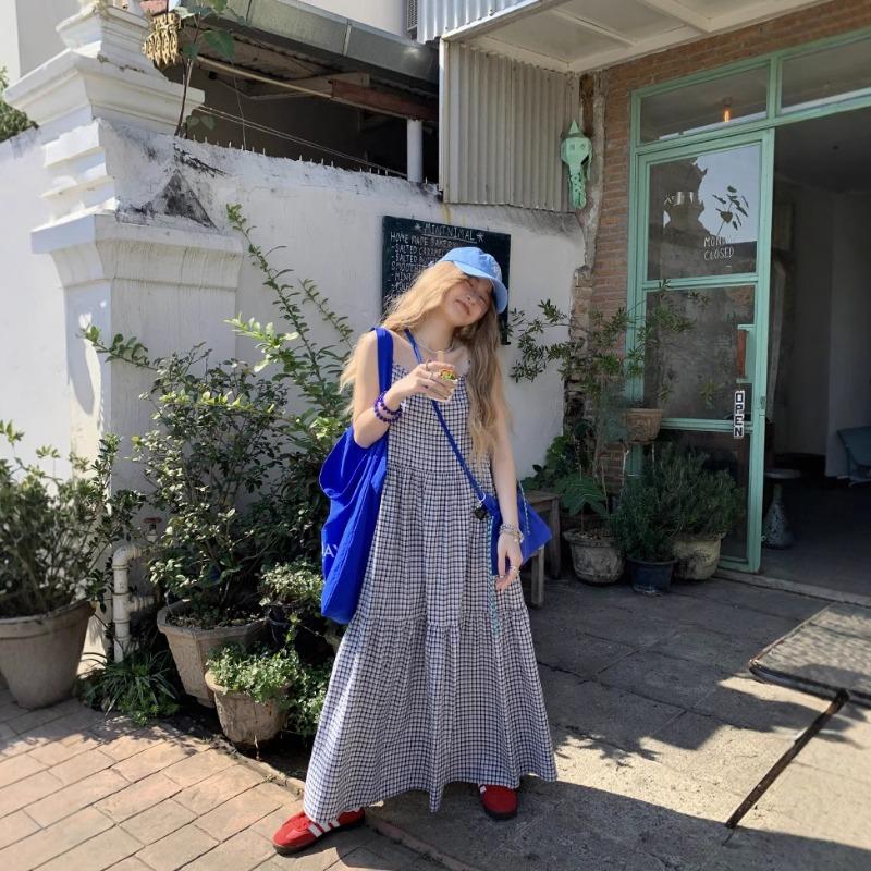 Women's Summer Vintage Style Waist Slimming Plaid Halter Dress Seaside Holiday Ankle Dress