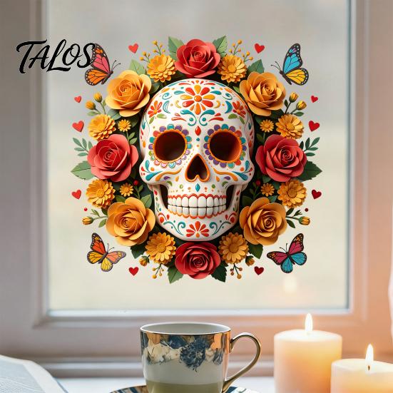 Halloween Skull Window Clings Day of The Dead Flower Static Sticker, Colorful Mexican Floral Glass Indoor Outdoor Festive Art Decal, Waterproof