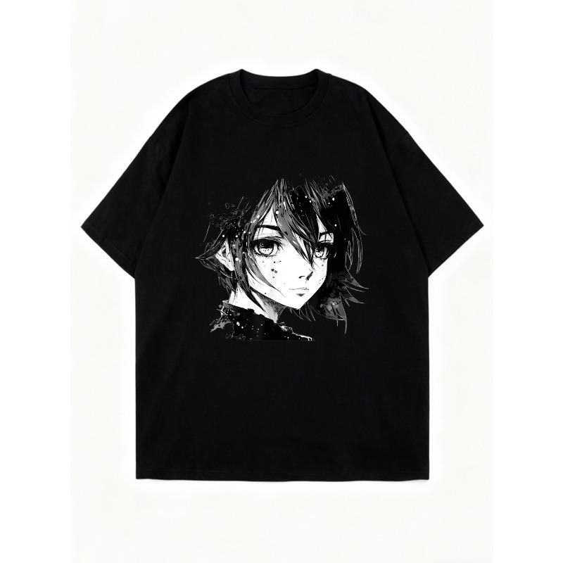 Black Oversized T-Shirt With Anime Girl Print For Casual Wear